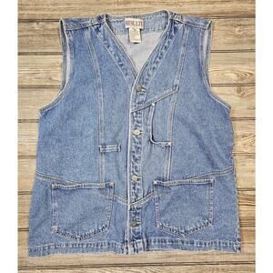 Vintage Results Jeans Vest Mens Med Blue Denim R Logo Button Western Retro